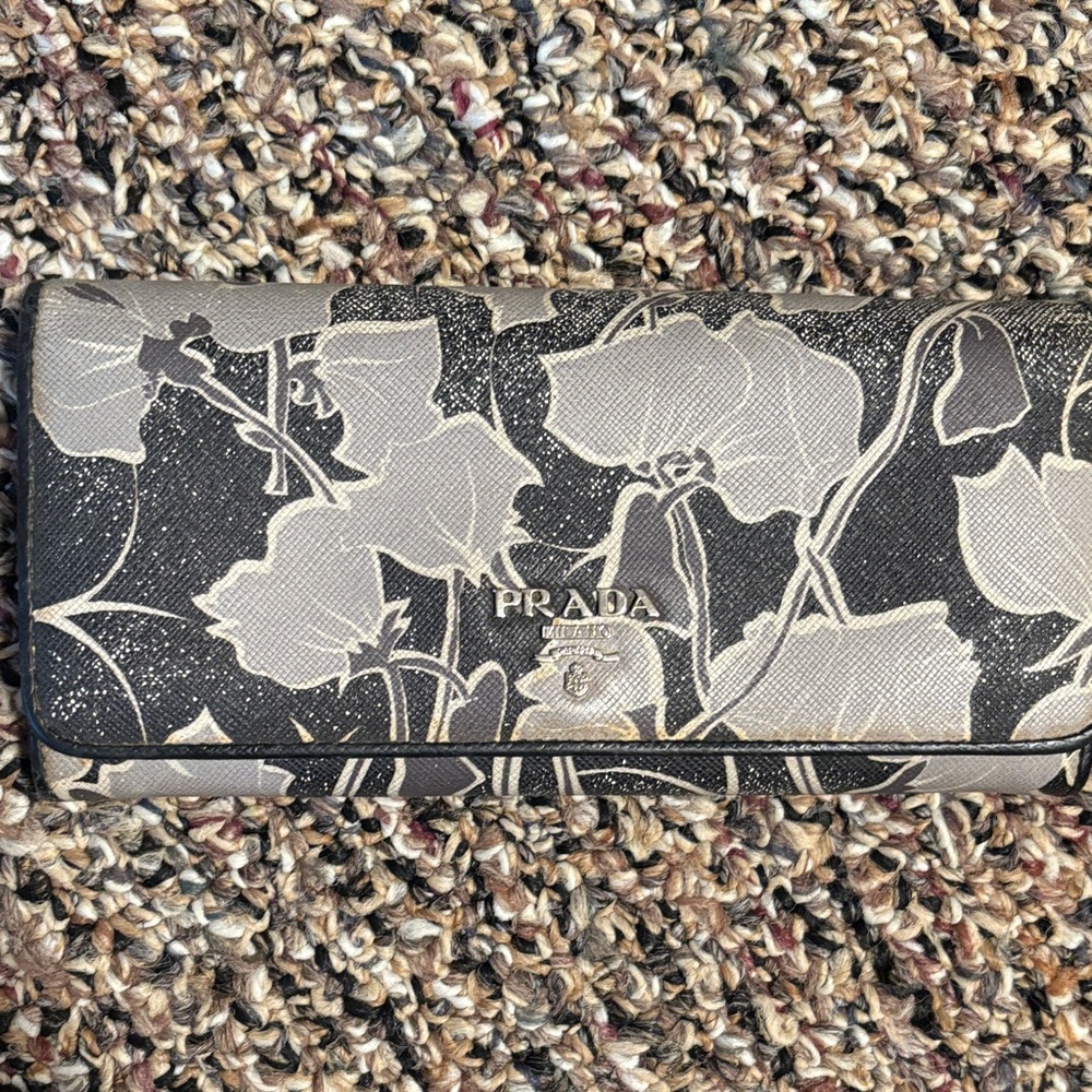 Prada Black and Gray Floral Saffiano Leather Wallet